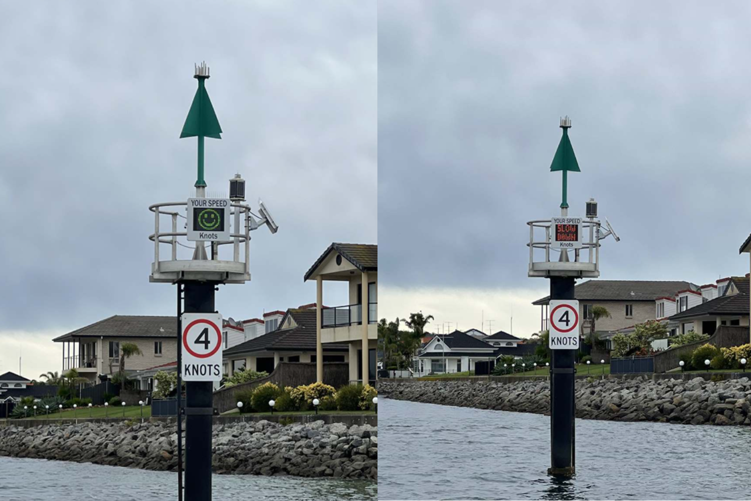 The image shows two side-by-side photographs of a speed monitoring beacon installed on a navigation marker in a residential waterfront canal. The marker consists of a tall black pole topped with a large green triangular navigation marker. Mounted below is an electronic speed display and a sign showing a speed limit of 4 knots. In the left photograph, the electronic display shows a green smiling face, indicating that a vessel is travelling at or below the speed limit. In the right photograph, the display shows a warning message reading "SLOW DOWN", indicating that a vessel is exceeding the speed limit. The beacon is equipped with solar panels and monitoring equipment mounted around the display. The canal is lined with rock embankments and waterfront homes. The images demonstrate how the speed monitoring beacon provides real-time feedback to boat operators to encourage safe speeds and reduce wash in the waterway.