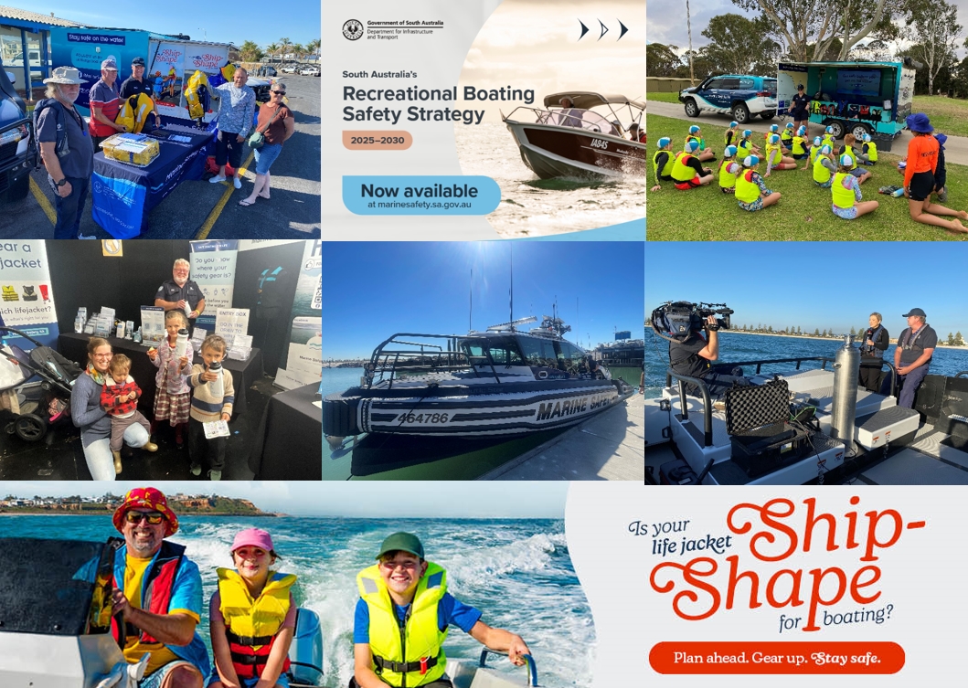 Collage of all special moments within our boating season 2024-2025. Pictured is StayAfloat Clinics, Rippers program, our Marine new Marine Safety patrol vessel and media coverage with Channel7.