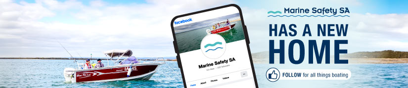 "Marine Safety SA has a new home. Follow for all things marine" with a Facebook thumbs up icon, a phone featuring a Facebook home page.