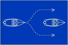 Cartoon image on a blue background showing the correct way to overtake another vessel