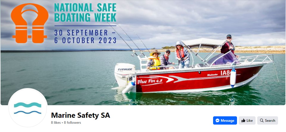Marine Safety SA Facebook page promotion showing National Safe Boating week promo with boat on the water and 4 people fishing