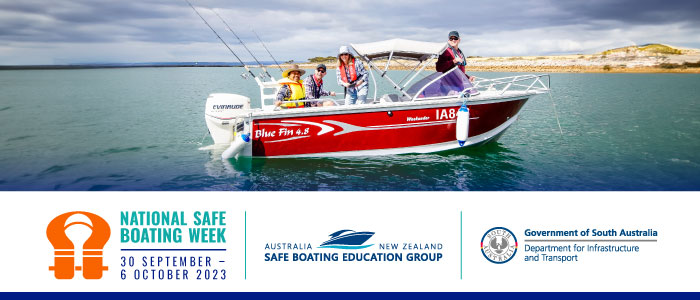 National Safe Boating week dates and logos with 4 people fishing on the ocean