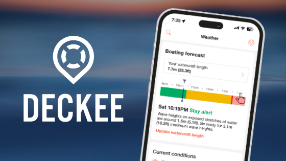 Pictured is a mobile phone screen showing 'Boating forecast' on the new DECKEE App