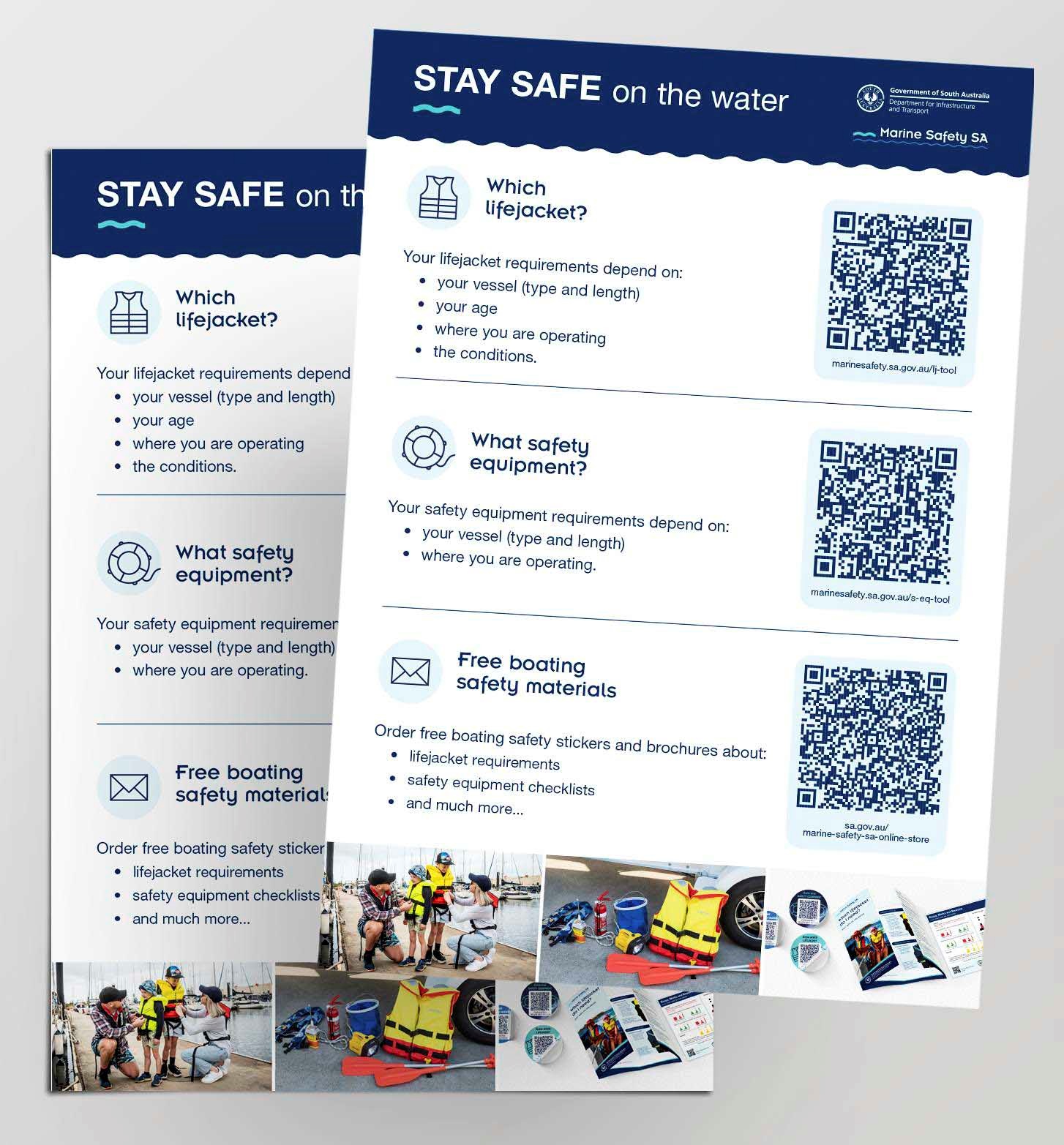 Two Marine Safety SA promotional posters are displayed against a light grey background. The posters feature a blue and white design with the heading “STAY SAFE on the water” and the South Australian Government and Marine Safety SA logos. Each poster contains three sections with QR codes linking to boating safety resources: “Which lifejacket?”, “What safety equipment?”, and “Free boating safety materials.” Brief text explains that lifejacket and safety equipment requirements depend on factors such as vessel type, age, operating area, and conditions. Along the bottom of the posters are photos showing lifejacket fitting, boating safety equipment, and educational materials. The image promotes access to boating safety information and free resources through QR codes.