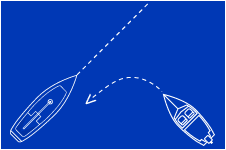 Cartoon on blue background showing sail boat and powered boat giving way