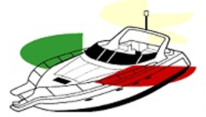 Cartoon drawn image of a larger boat showing the green, white and red lights