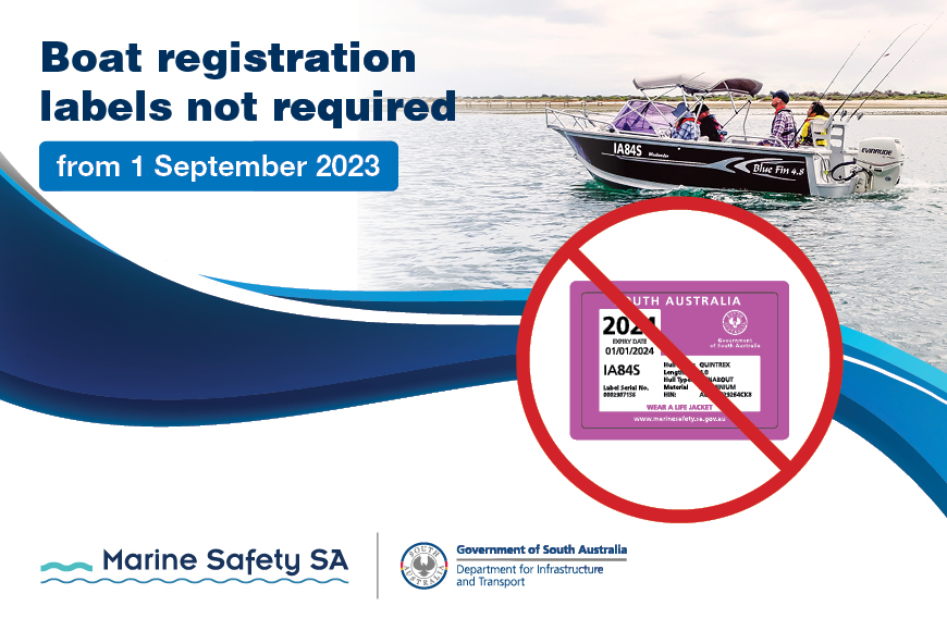 Boat on water with boat registration label crossed out with writing boat registration labels not required from 1 September 2023