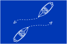 Cartoon image on blue background of power driven vessels meeting head-on