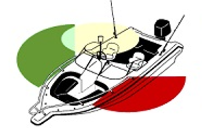 Cartoon drawn boat showing green, white and red lights