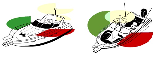 Cartoon drawn image of two boats with red, green and white lights showing