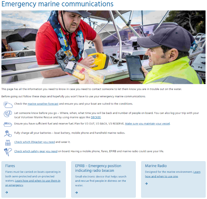 Web page for emergency communications with a man showing a marine safety officer some flares and a torch
