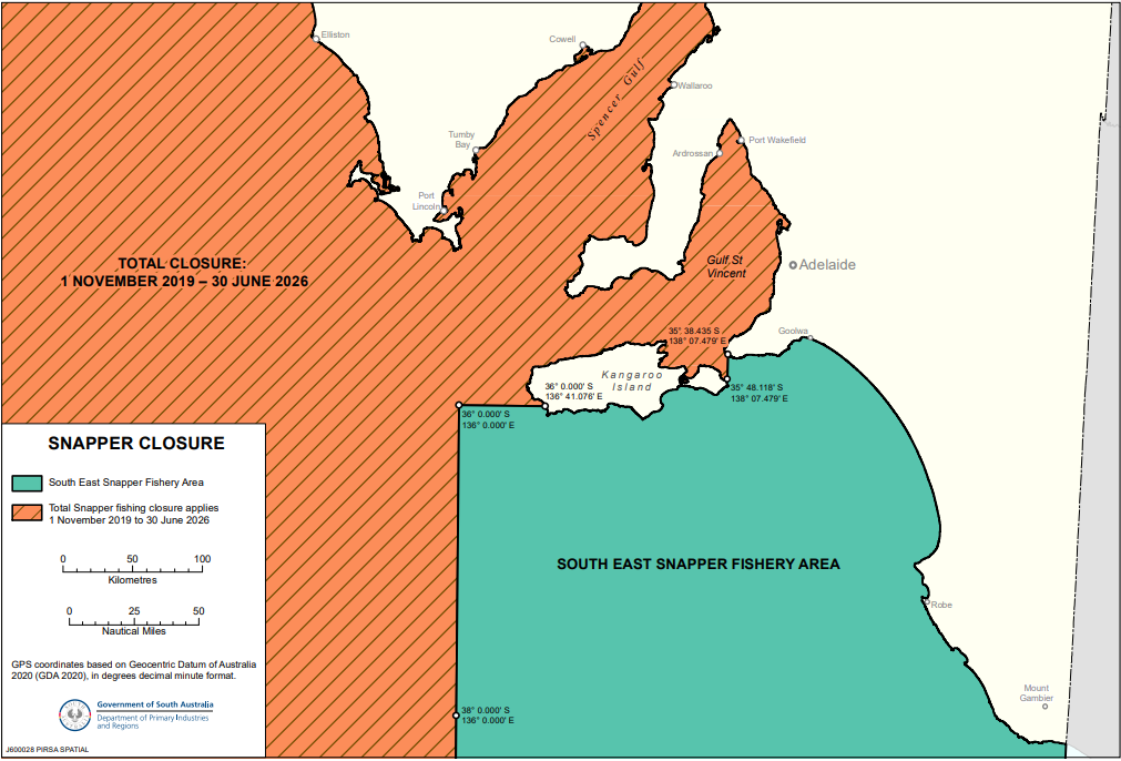 Map of SA waters showing areas open for snapper fishing