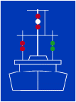 Cartoon drawn image of a dredge on a blue background showing the red and green lights on a dredge