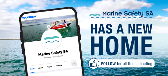 Facebook promotion showing a phone with the Marine Safety SA Facebook page and follow symbol