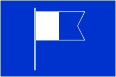 Blue and white diver below flag pictured on a blue background