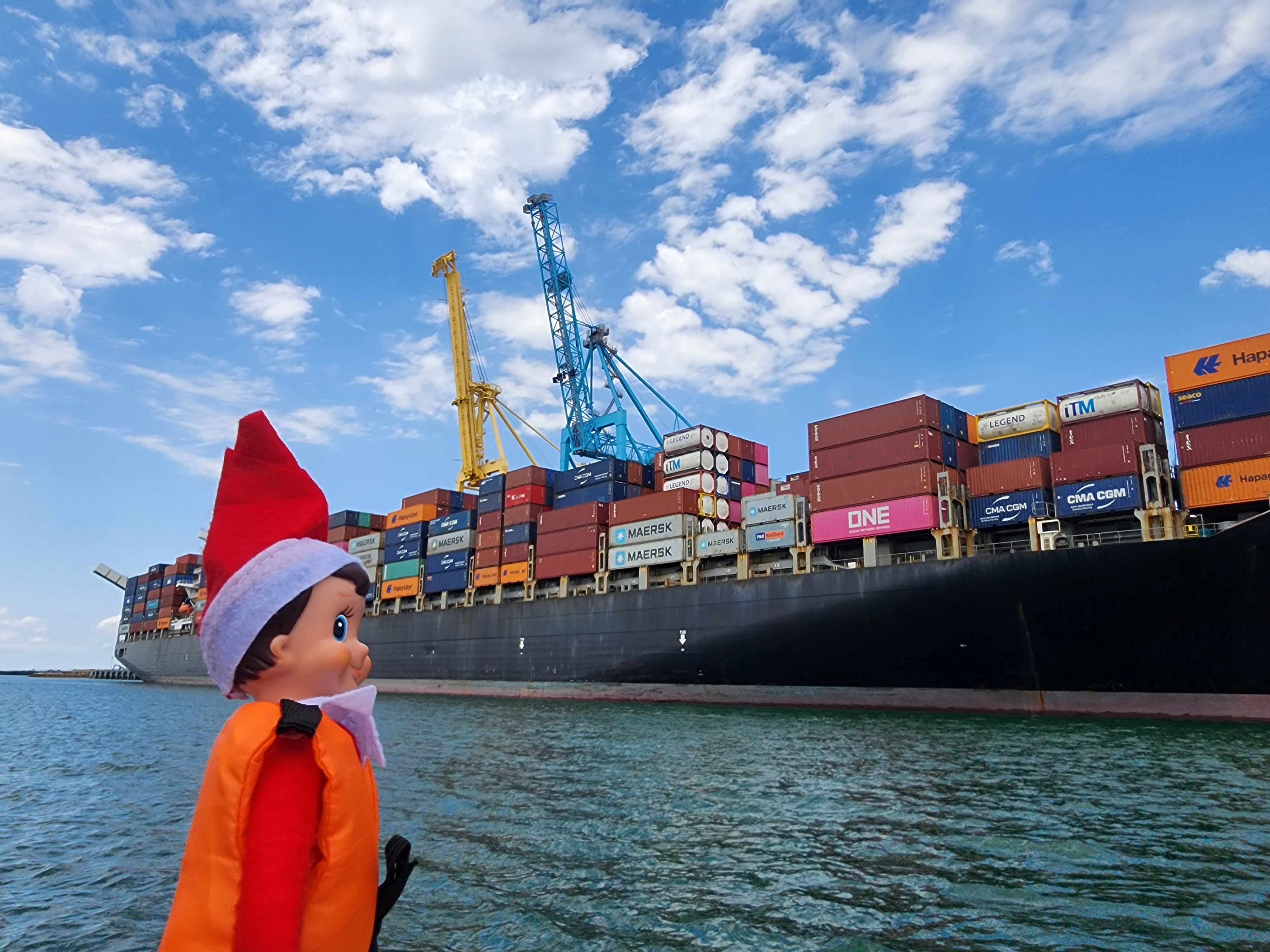 Elf looking at a Container Ship at Outer Harbor on the water